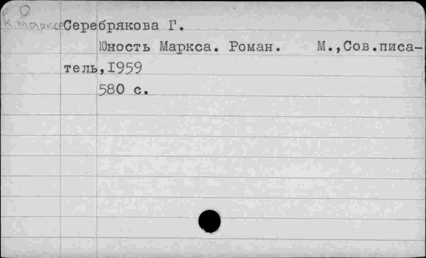 ﻿К-	Серебрякова Г.
	
	Юность Маркса. Роман.	М.,Сов.писа-
	тель,1959
	580 с.
	
	
	
	•
	
	
		•
	